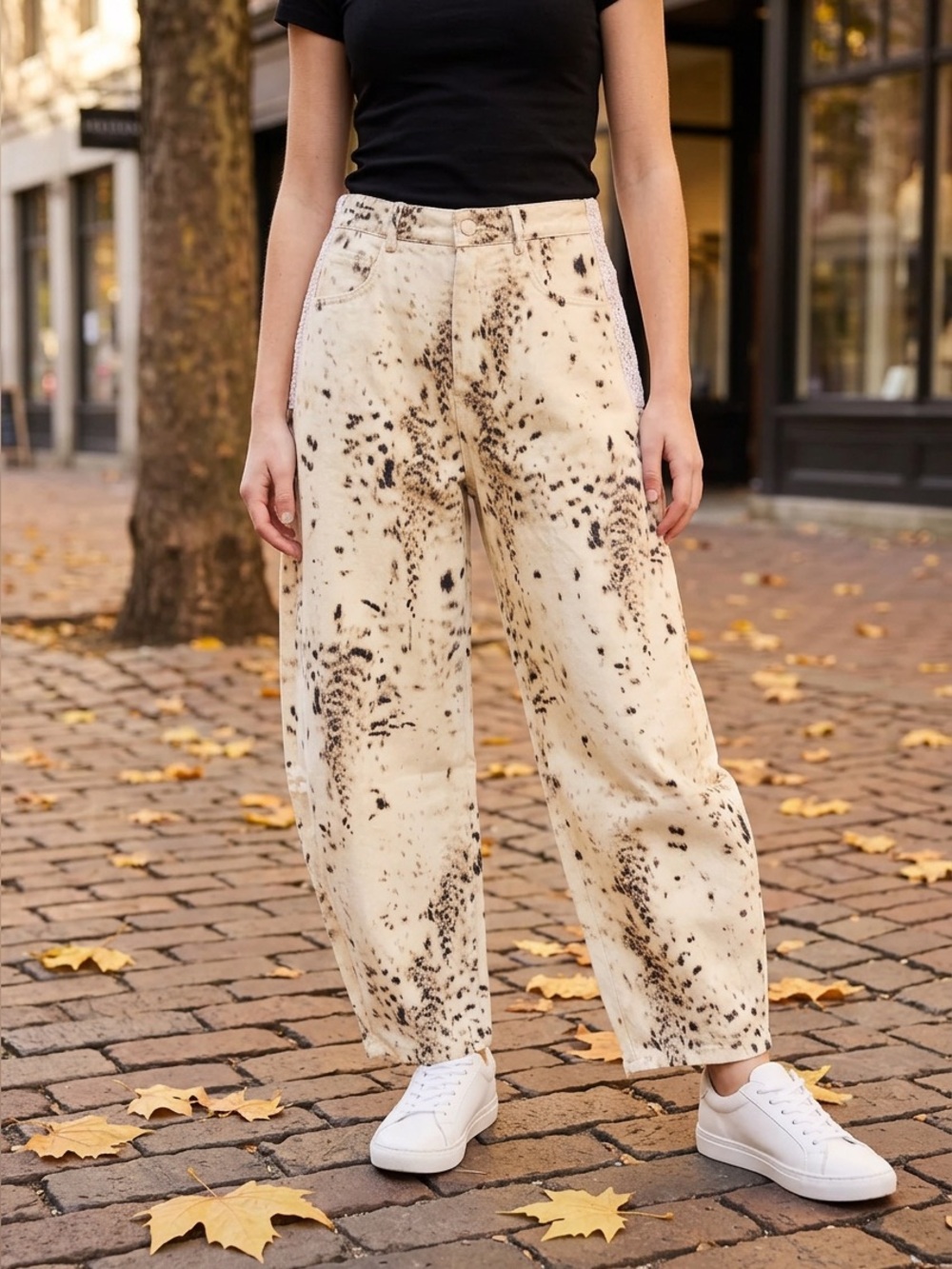 DAVI & DANI Snow Leopard Print Lace Trim Barrel Pants NWT FALL WINTER